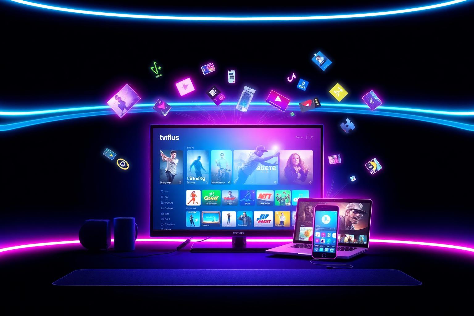 TV, notebook e celular exibindo conteúdo de IPTV